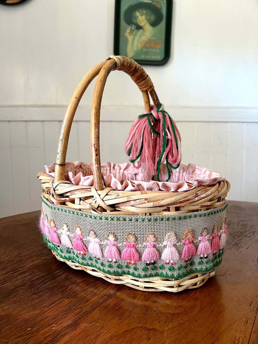 Vintage 1980s Pastel Wicker Basket Yarn Art Cottagecore Country Kitchen Rattan
